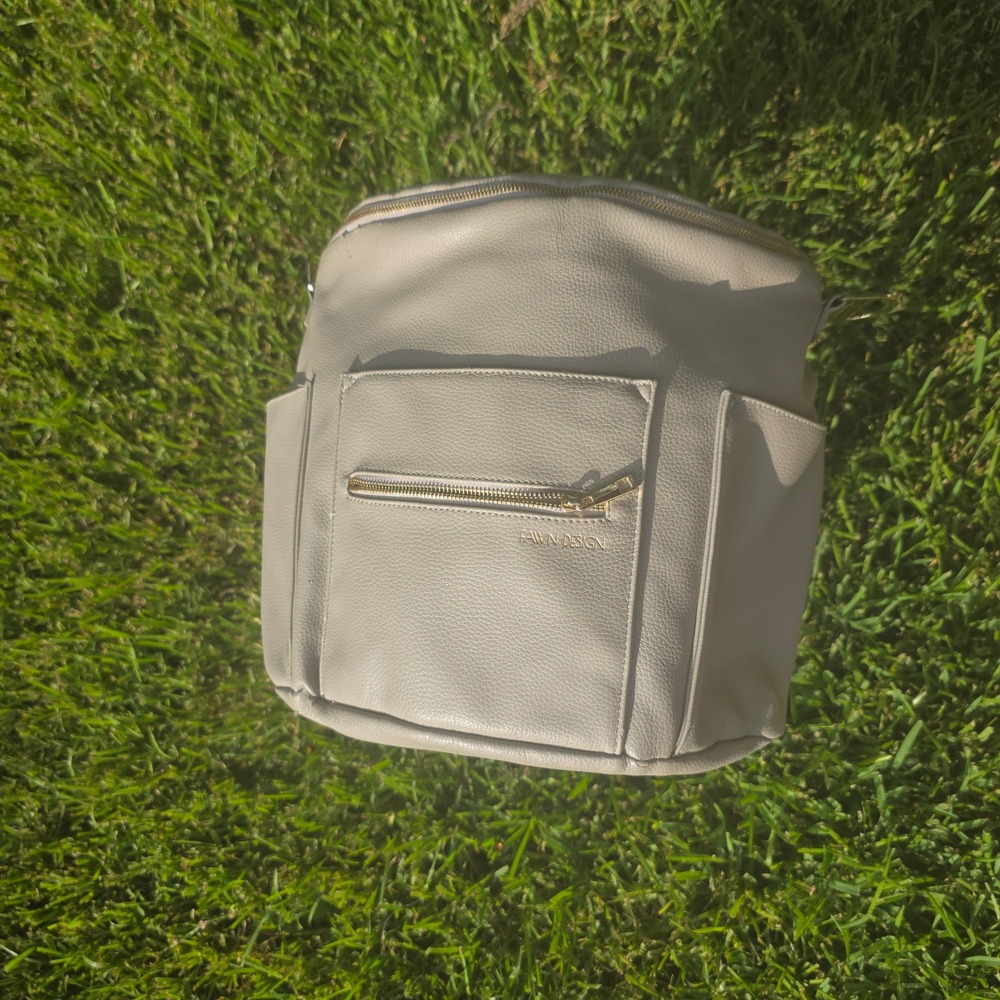 Fawn Design Original Diaper Bag Gray Vegan Leather Backpack Gold Hardware